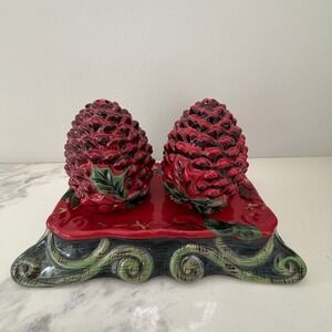 Tracy Porter Winter Collection Red Pinecone Salt and Pepper Shakers with Tray